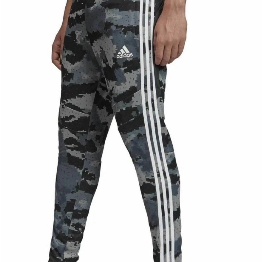 Adidas  Gray & Black Tapered Camo Joggers with White Stripes